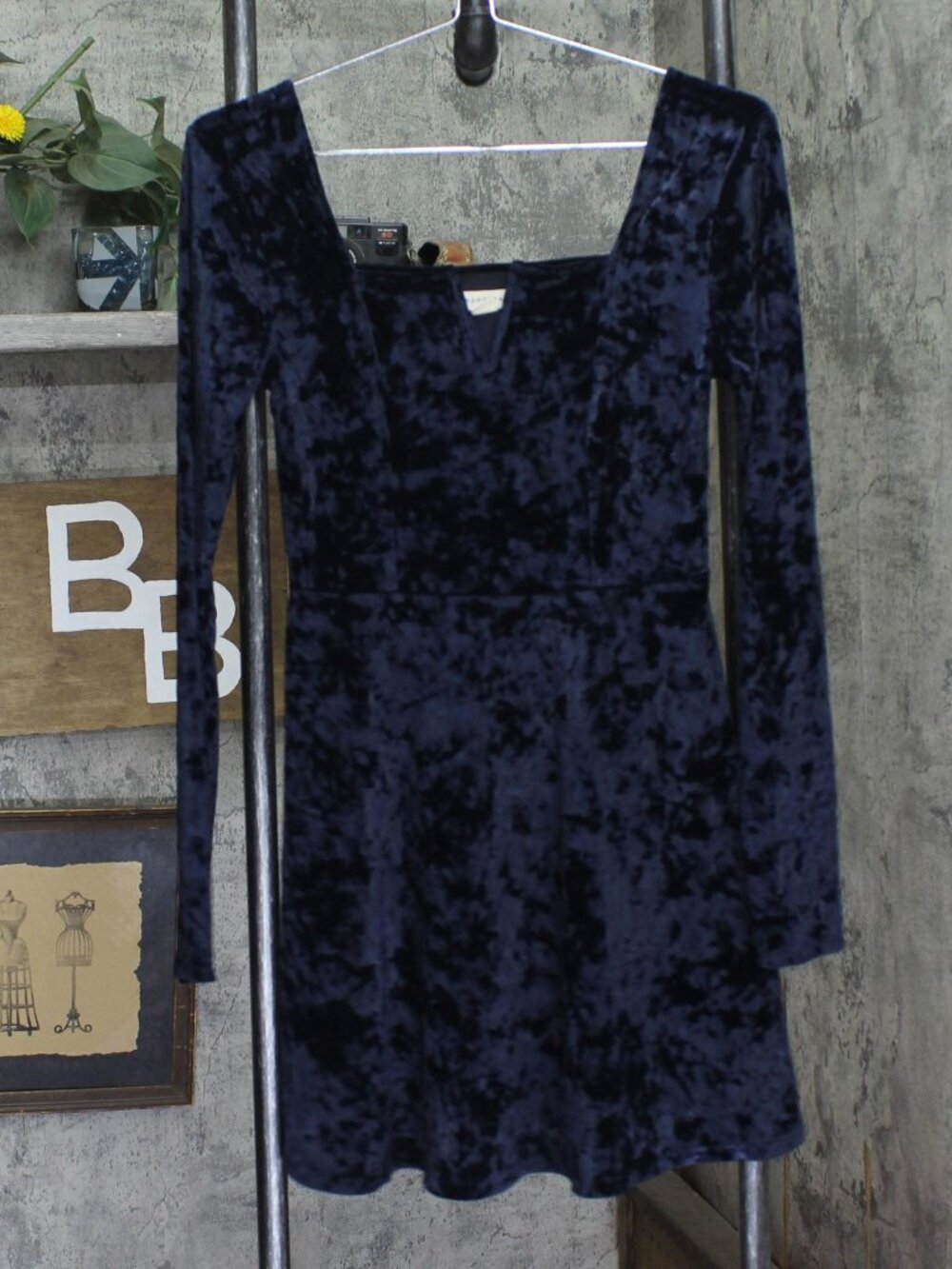 Blue Aeropostale Long Sleeve V Neck Crushed Velvet Skater Dress Dark Sz M